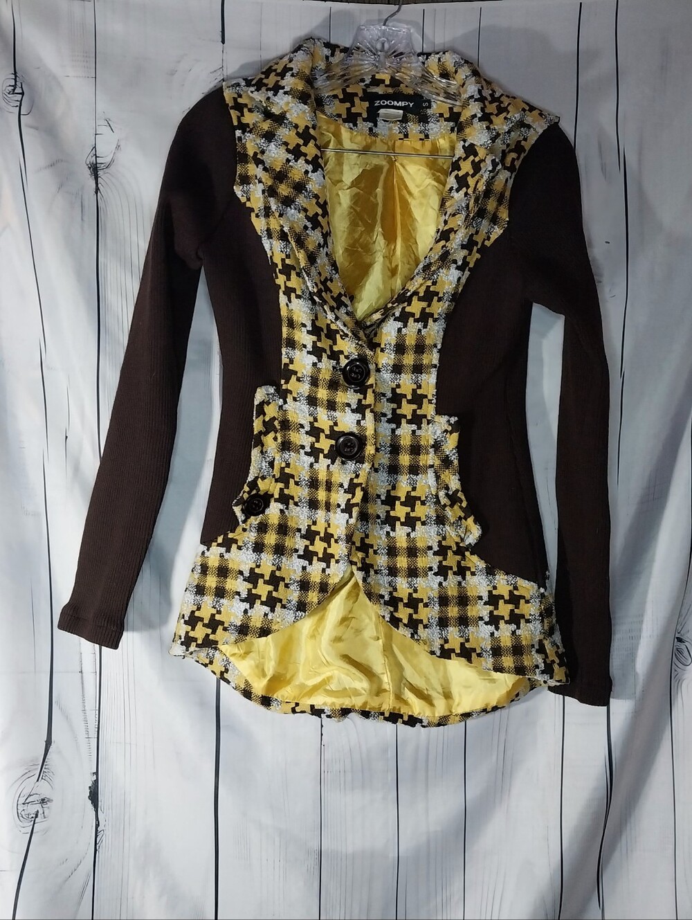 Zoompy Vintage Style Academia Brown Blazer with Yellow Houndstooth Trim